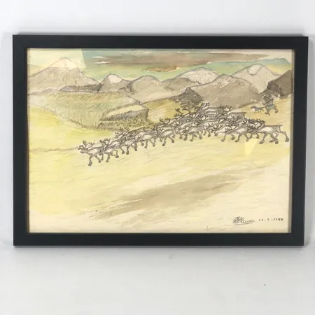 Tavla, Nils Nilsson Skum 1950, blandteknik på papper, landskap med renar, rammått 32x23cm, i behov av omramning Skickas med postpaket.