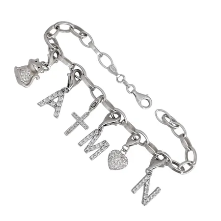 Armband med berlocker (6 st), silver 925/1000, Guldfynd (GHA), längd 19,0 cm, bredd 5 mm, berlocker med varierande mått, vita stenar, stenar utan anmärkning Vikt: 17 g