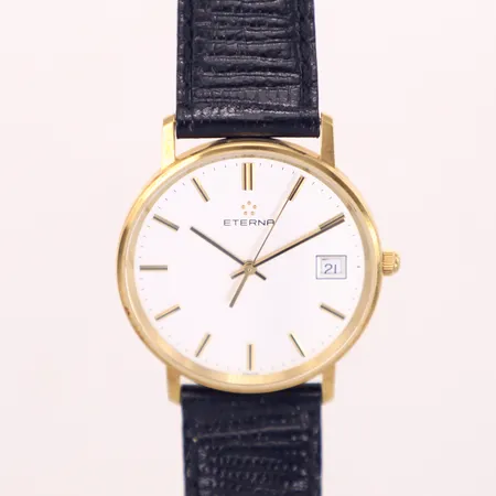 Herrur, Eterna, 18K, quartz, 33,5mm, gravyr, svart läderband, box