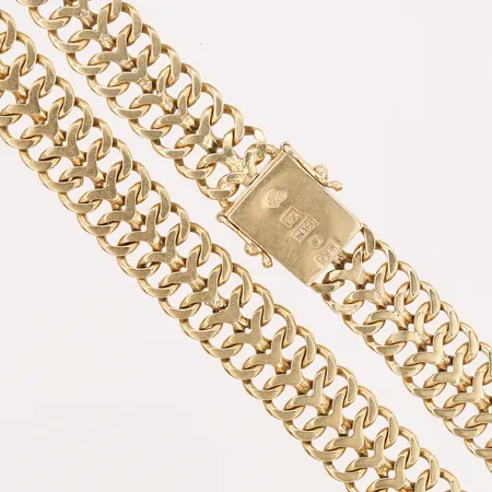 Collier Fiskben, längd: 42cm, bredd: 10mm, Carlssons Guldsmedsverkstad K E, år 1961, smärre bruksslitage, 18K guld.  Vikt: 46,5 g