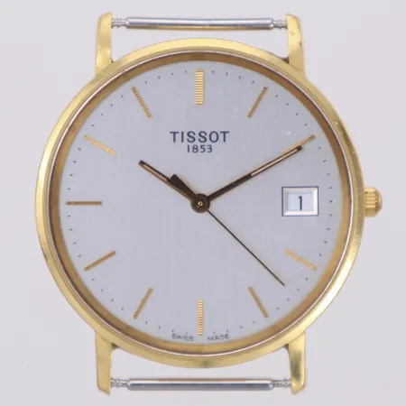 Herrur Tissot, 18K, quartz (går ej), 33,5mm, datum, gravyr, repor, saknar armband