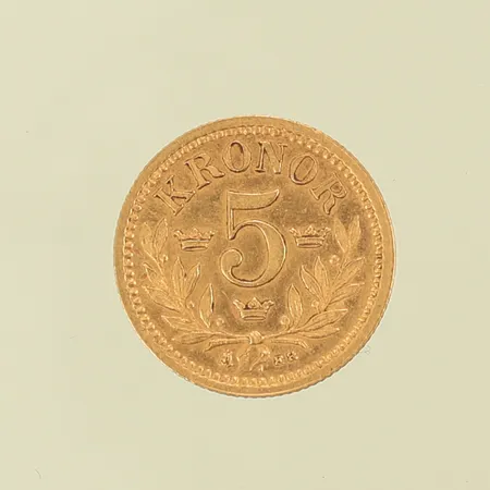 Mynt 5Kr "Oscar II, Sveriges och Norges konung, år 1882", Ø16mm, 21K, 2,2g Vikt: 2,2 g