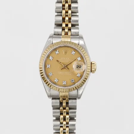 Damur Rolex Oyster Perpetual Datejust, stål/guld, ref-nr:69173, serie-nr:S509076, kaliber:2135, verk-nr:2676228, boett-nr:69000A, Ø26mm, diamanturtavla, extra urtavla, 2 extra länkbitar, cirka 1993, armband cirka 16,5cm, urtavla något fuktskadad, bruksskick, repor, box, ytterkartong.