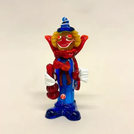 Figurin, höjd 17cm, clown, flerfärgat glas, Murano, Italien, 1900-tal, etikettmärkt 