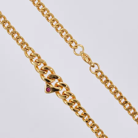 Collier med röd sten, längd: ca 41cm, bredd: ca 4-10mm, förgylld metall 