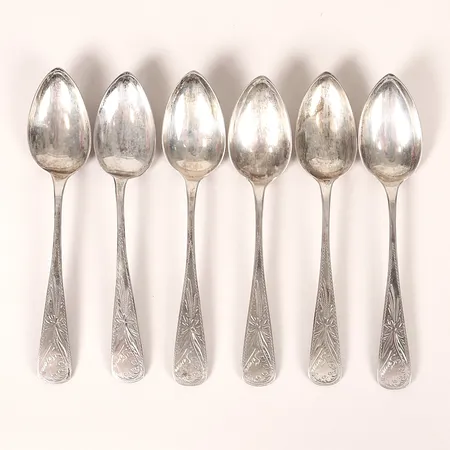 Sex skedar, tyska stämplar, längd ca 14cm, gravyr, slitage, 800/1000 silver. Vikt: 90,2 g
