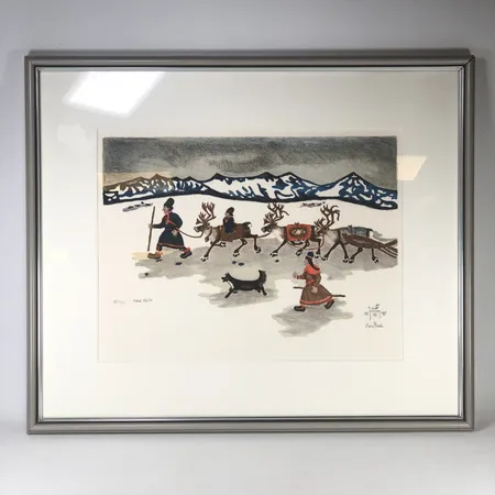 Färglitografi, Lars Pirak, "Noade ráido", nr 281/320, bildyta 40x30cm, ram 58x48cm, slitage på ram, ej examinerad ur ram Skickas med postpaket.