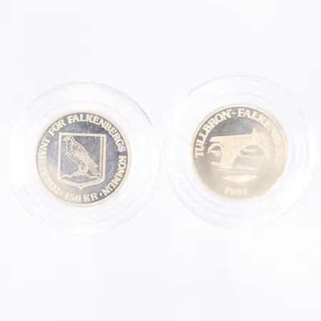 2 lokalmynt, 150kr Falkenbergs kommun, Tullbron 1984, i plastetuier, silver 925/1000 Vikt: 21,4 g