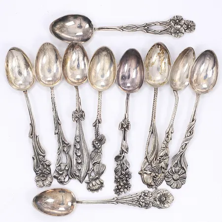 10 moccaskedar, Svenska Floran, ca 10cm, tillv. Gewe, silver 830/1000 Vikt: 91,8 g