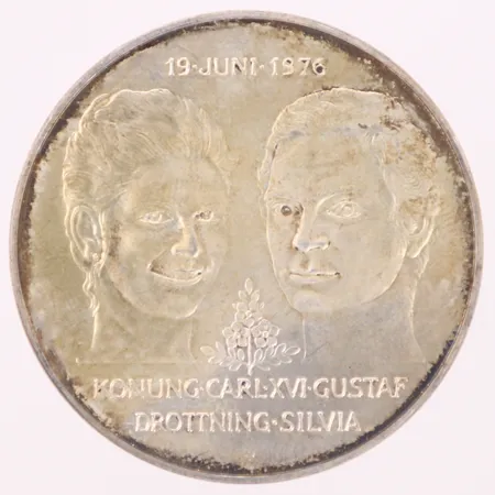 Mynt, 50kr, 19 juni 1976, Konung Carl XVI Gustaf, Drottning Silvia, silver 925/1000 Vikt: 27 g