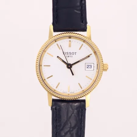 Damur, Tissot, 18K, quartz, 24mm, datum, gravyr, läderband, manual, box