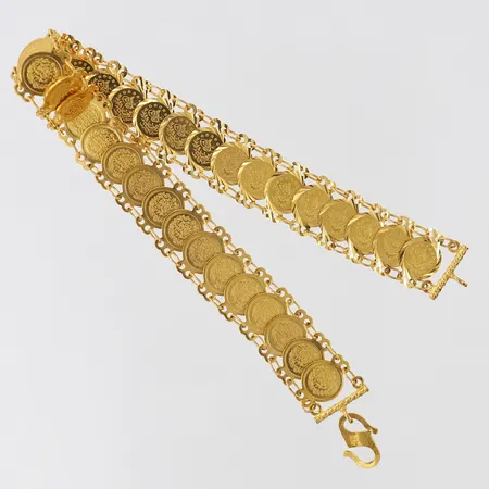 Armband med mynt, ca 20cm, bredd 10,5mm, s-lås. 21K Vikt: 14,3 g