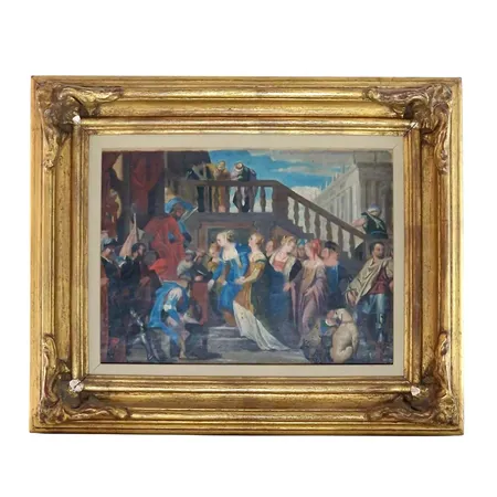 Tavla - Efter "Salomos dom" skiss i Tiepolo´s art, (Giovanni Battista Tiepolo (1696-1770), blandteknik på pannå, osignerad, bildmått 21,5 x 29 cm, yttre rammått 35 x 42 cm, ram med mindre skador    Skickas med paket.