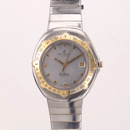 Armbandsur Breitling Yachting, quartz, Ø36mm, stål, ref 81110, boettnr 0964, datum (ändras ej), sliten förgyllning på ring, slitage på lysmassa och urtavla, repor, safirglas, originalband i stål med viklås, certifikat LP Watches, Italy 2019