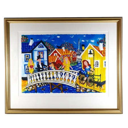 Tavla - Färglitografi "Roslagens Hjärta", Gunilla Mann, signerad och numrerad EA. bladmått 30 x 42,5 cm, passepartout, yttre rammått 49 x 60 cm, glasad, påkostad professionell inramning, fint skick utan anmärkning Skickas med postpaket.