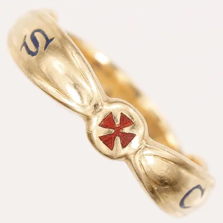 Ordensring, Svenska Frimurarorden, dekor i emalj, stl: 22¾, bredd: 6mm, personlig gravyr,  Ljungström Guldvarufabrik Ab, Stockholm år 1960, bruksslitage, mindre emaljbortfall, 18K guld.  Vikt: 6,7 g