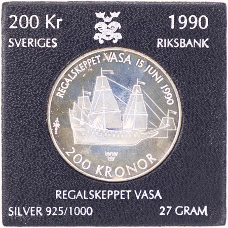 Mynt, 200kr, Regalskeppet Vasa, år 1990, 36mm, etui, silver 925/1000 Vikt: 27 g