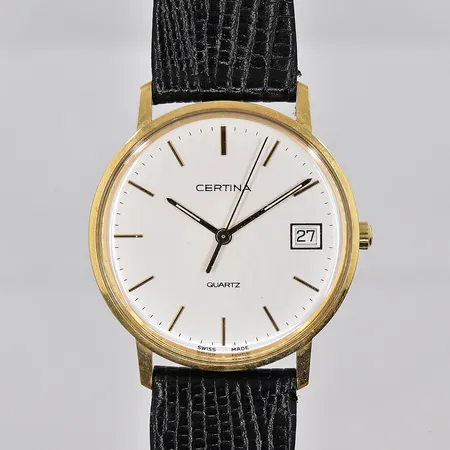 Herrur Certina, Ø 33,5mm, 14K, quartz, datum, graverad boett, står still, läderband