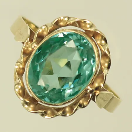 Ring med blågrön sten, stl stl 21¼, bredd 3-17mm, 14K, 4,4g bruttovikt, ca 3,5g guld 