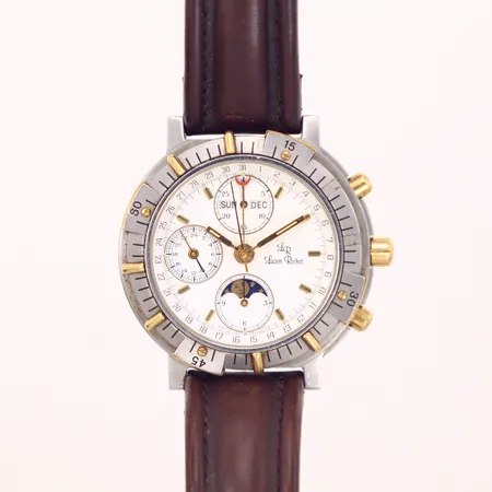 Herrur, Lucien Rochat, Royal Air Chronograph GMT Moonphase, day date, Ø42mm, ref nr 21100052, stål-guld, Modele depose, automatisk, kronograf, vit urtavla,  safirglas, trög vridring, slitna knappar, läderband ej original, inga tillbehör, bruksskick