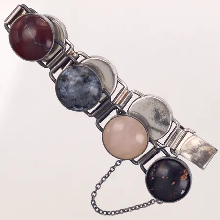 Armband med Dalaporfyr och olika bergarter, längd ca 19cm, bredd 19,2mm, Stenlya Bengtsson & Co, år 1973, smärre glapp i lås, silver 925/1000 Vikt: 49,6 g