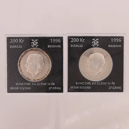 Minnesmynt, 2st, Kung Carl XVI Gustav 50år, 200Kr, 1996, Silver S925/1000, 54,0g.