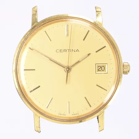 Herrur Certina, Ø33,5mm, quartz, datum, monocoque, påtagligt slitage, går ej, defekt, saknar band, 18K i boett, 18K Bruttovikt: 21,5g