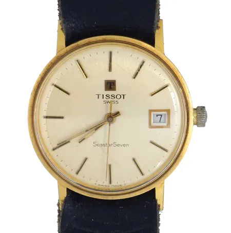 Herrur Tissot Seastar Seven, 18K guld, Ø34 mm, manuell - defekt urverk, gravyr: minne från + företag + namn, repor/slitage, universal skinnband,  Vikt: 0 g