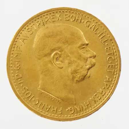 Mynt, 10 Corona - Franz Joseph I, 1912, Ø19mm, 21,6K  Vikt: 3,4 g