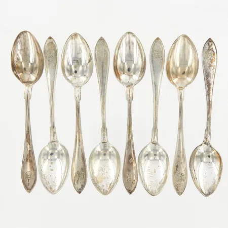 Åtta kaffeskedar, Spetsig Svensk, 12cm, monogramgravyr, silver 830/1000 Vikt: 103 g