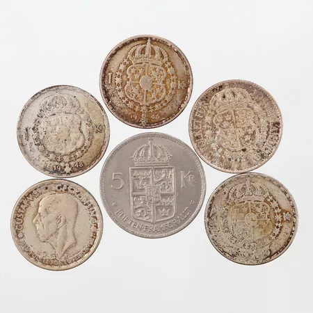 Mynt, 5 enkronor, 1 femkrona, silver 400/1000 Vikt: 44,8 g