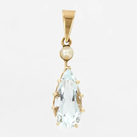 Hänge med pärla och ljusblå sten, ca 22mm, 14K Vikt: 0,8 g