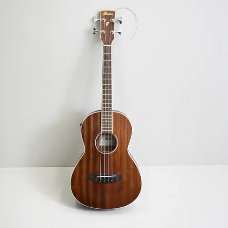 Akustisk Bas, Ibanez pnb4e-opn, inbyggt mikrofonsystem AEQ-2T med stämapparat, parlorkropp i Mahogny, mensur 25", greppbräda och stall i Laurel 18 band, D-sträng behöver bytas och flyttas till rätt stämskruv. Skickas med Bussgods eller PostNord