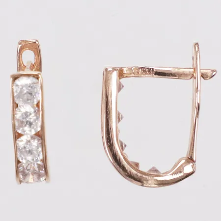 Ett par örhängen, vita stenar, längd 10mm, bredd 2,8mm, roséguld, 14K Vikt: 1 g