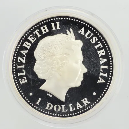 Mynt 1 dollar, Elizabeth ll, Australien, Australiskt månår 2006 hundens år, Ø40mm, etui, hund nål, certifikat, 1 oz, 999/1000 silver  Vikt: 31,8 g