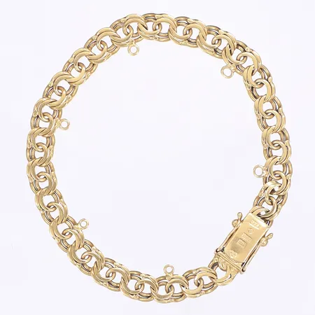Armband Bismarck, kistlås, finns öglor för 6 berlocker, längd 19cm, bredd 7mm, 18K Vikt: 17,8 g