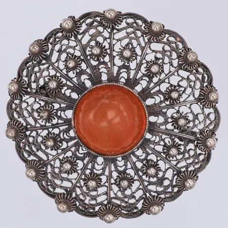 Brosch, bärnsten, Ø42mm, 835/1000 silver Vikt: 12,3 g
