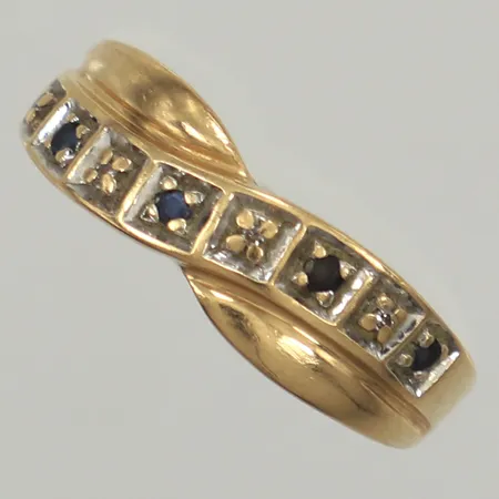 Ring, blå och vita stenar, stl 16, bredd 1,8-5,6mm, 18K