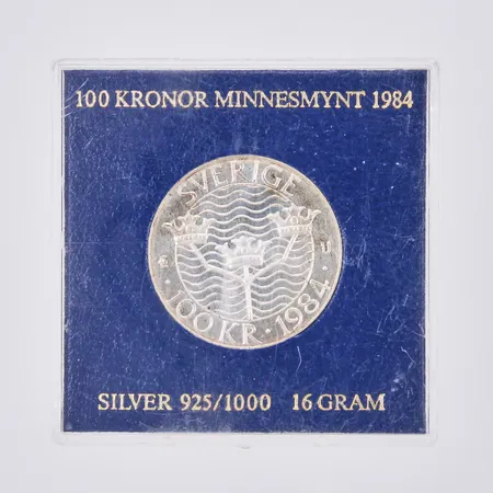 Jubileumsmynt Nominellt värde 100sek, Förtroende Säkerhet Nedrustning Stockholm 1984, Sverige, silver Vikt: 16 g
