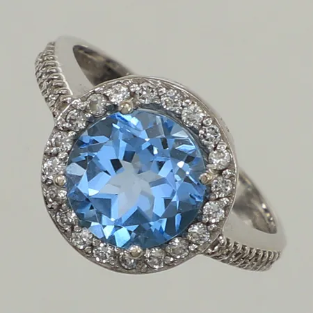 Ring, blå och vita stenar, stl 16, bredd 11,5mm, 14K  Vikt: 3,6 g