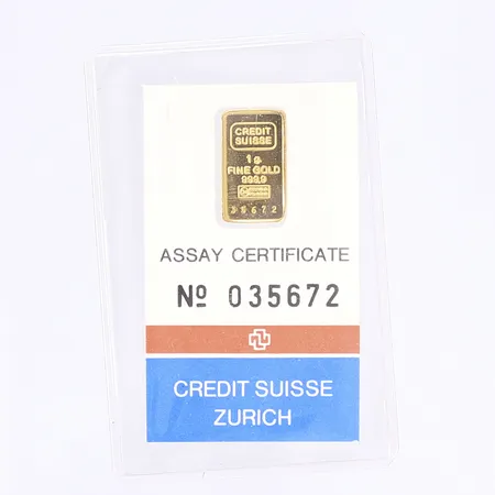 Guldtacka "Credit Suisse", serienr: 35672, 24K  Vikt: 1 g