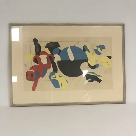 Tavla, färglitografi, Lage Lindell (1920-1980), abstrakt komposition, signerad och numrerad 111/260, bildstorlek 33x55cm, bladstorlek ca 50x70cm, ej examinerad ur ram, gulnad Vikt: 0 g Skickas med postpaket.