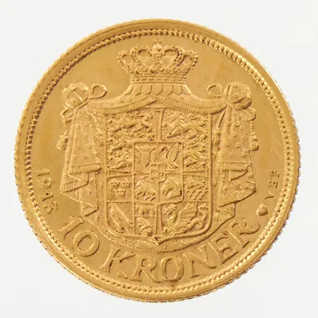 Guldmynt, Danmark, 10 Kroner, 1913, Christian X  Konge af Danmark, 21,6K guld (900/1000), Ø18,5 mm Vikt: 4,5 g