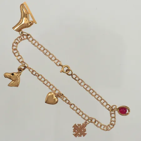 Armband Bismarck med fem berlocker, längd ca 18,2cm, bredd 3,5-27mm, skev, 18K, bruttovikt: 6,0g Vikt: 0 g