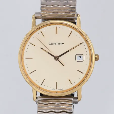 Herrur Certina, quartz, datum, Ø33mm, 14K, gravyr, nickelfritt flexarmband, etui. Vikt: 0 g
