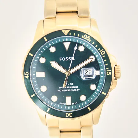 Herrur Fossil, guldfärgat stål, quartz, ref-nr: FS5658, serie-nr: 662110, datum, Ø42mm, stållänk, mineralglas, batteribyte krävs, något repig länk, etui, manual, inga övriga tillbehör