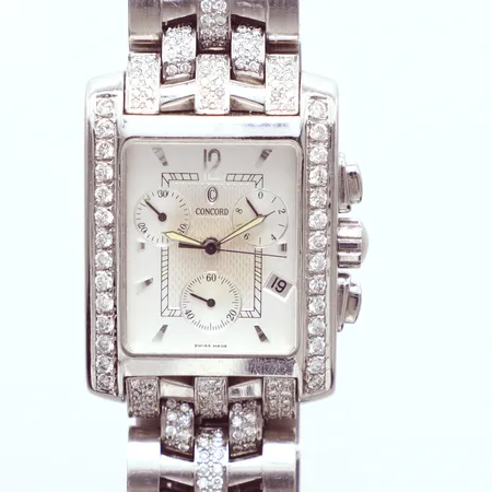 Herrur, Concord, sportivo, kronograf, Ø29mm x 38mm, diamanter 28 x 0,03ct, 144 x 0,01ct, total 172 st, fungerar, armband stål, inga övriga tillbehör