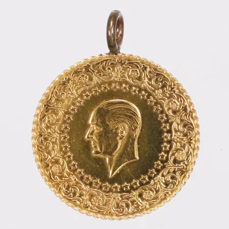 Hänge, mynt, Ataturk, Ø18mm, år 2019, ögla ej i guld, 21,6K, bruttovikt 1,8g Vikt: 0 g