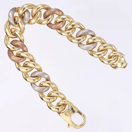 Armband pansarlänk, trefärgat ihåligt, längd 19cm, bredd 15mm, 18K  Vikt: 12,8 g