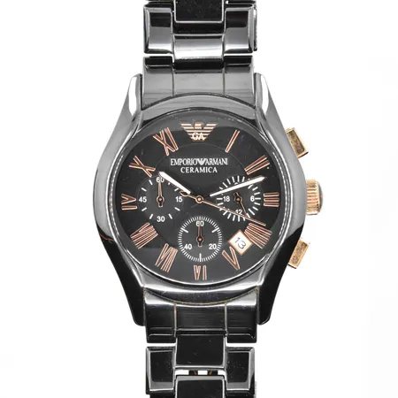 Herrur Emporio Armani Ceramica, stål/keramik, quartz, kronograf, datum, sekundvining, Ø46mm, svart urtavla med detaljer i roséguldsfärgat stål, ref AR-1410, serienr 111108, extra länkbit, box, bok, ytterkartong.